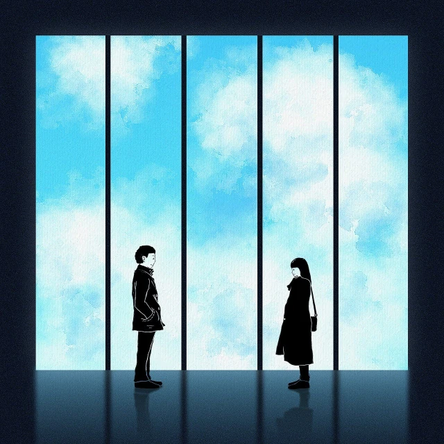 a couple of people standing in front of a window, inspired by René Magritte, pixiv, serial art, 2. 5 d illustration, she is approaching heaven, anime style illustration