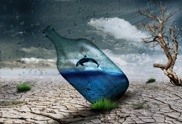 a bottle that has a dolphin inside of it, a picture, inspired by Igor Zenin, pixabay, environmental art, broken composition, dark nature background, day after raining, stunning screensaver