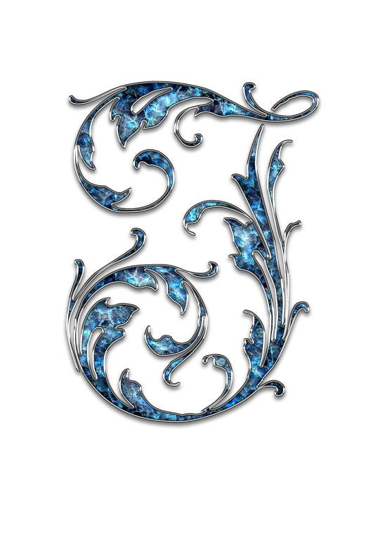 a blue and silver letter e on a black background, a digital rendering, art nouveau, flowers. baroque elements, maxim verehin stained glass, marbled swirls, vines. tiffany blue