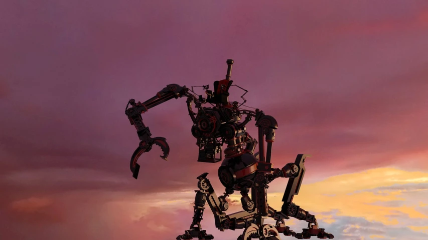 a large robot standing on top of a building, inspired by Ian McQue, iron giant at sunset, animatronic, bionicle, wallpaper mobile