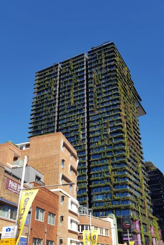 a tall building sitting in the middle of a city, a photo, by Lee Loughridge, shutterstock, verdant plants green wall, in chippendale sydney, photo taken in 2018, front and side view