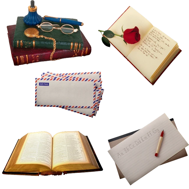 a bunch of books sitting on top of each other, inspired by Hermione Hammond, trending on pixabay, renaissance, writing a letter, various items, high detail product photo, montage