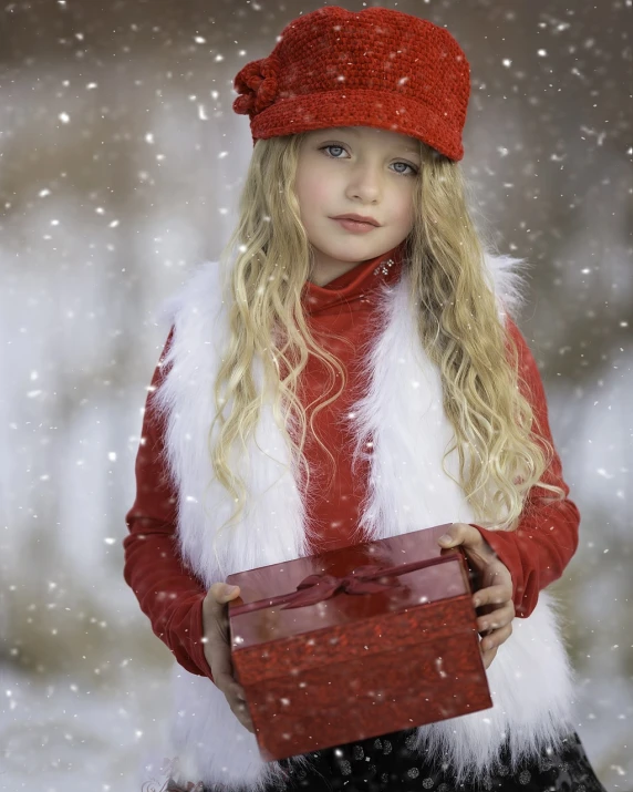 a little girl holding a red box in the snow, a portrait, digital art, iray, with very long blonde hair, outdoor photo