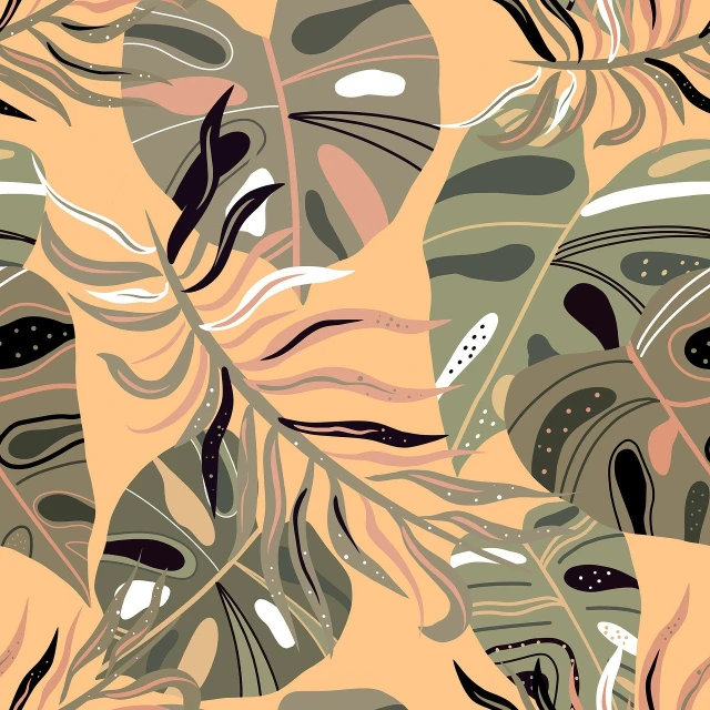 a close up of a pattern of leaves, vector art, neutral color neo - fauvism, miami. illustration, muted brown yellow and blacks, intricate details illustration