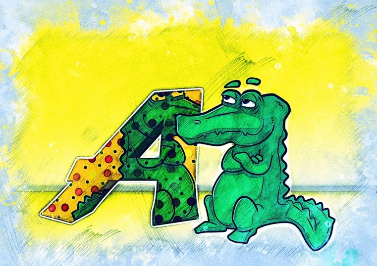 a drawing of a crocodile holding a piece of pizza, a picture, inspired by Abidin Dino, graffiti, 40 years old women, letter a, character designs painting, 2 animals