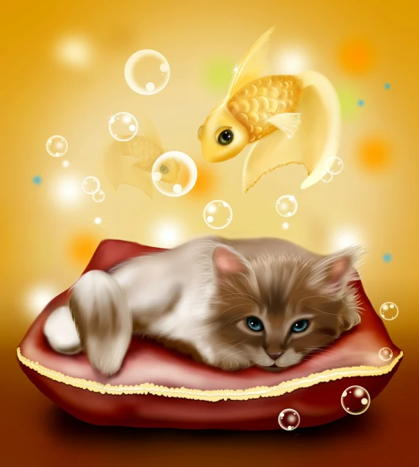 a cat laying on a pillow next to a fish, vector art, furry art, blurred and dreamy illustration, photorealistic illustration, relaxed. gold background, high detail illustration