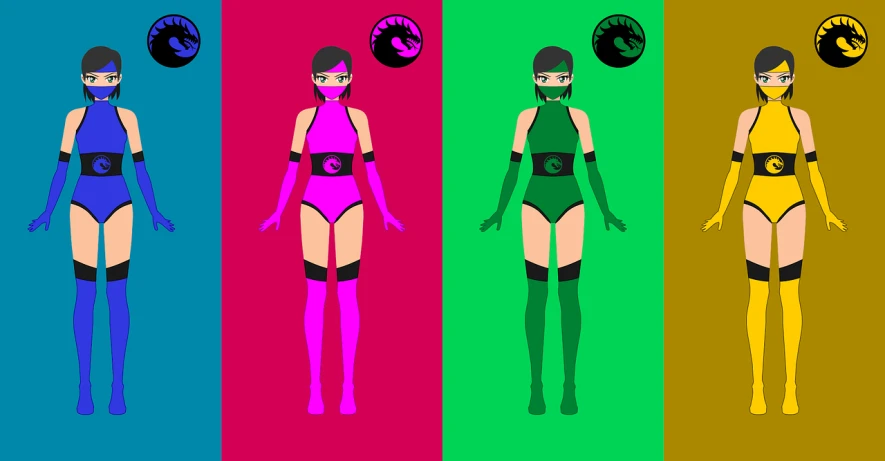 a group of women standing next to each other, inspired by Maki Haku, deviantart, conceptual art, character from mortal kombat, vaporwave color scheme, front and back view, leotard and leg warmers