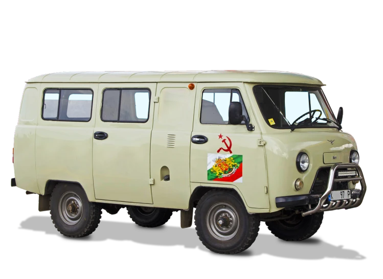 a close up of a van on a black background, a digital rendering, by Alexander Fedosav, shutterstock, socialist realism, 1972 soviet, meme template, full-body, rojava