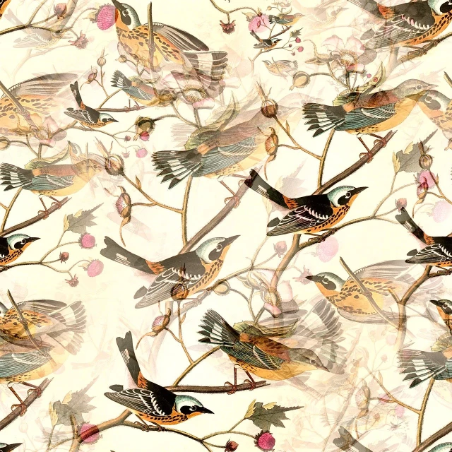 a group of birds sitting on top of a tree branch, an illustration of, inspired by John James Audubon, arabesque, seamless pattern :: symmetry, collage art background, chiffon, mobile wallpaper