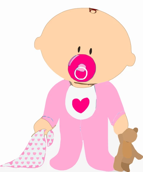 a baby with a pacifier and a teddy bear, figuration libre, pink clothes, cartoonish and simplistic, no details, wearing a baggy pajamas