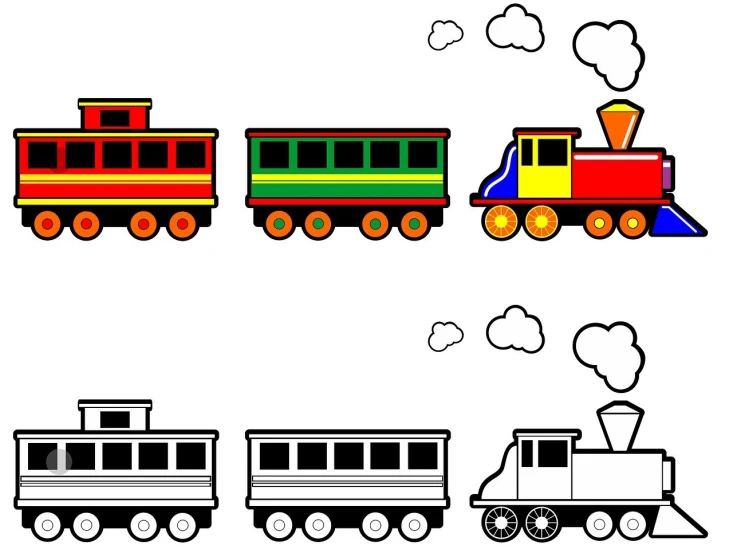 a group of different colored trains on a white background, an illustration of, by Hiromitsu Takahashi, figuration libre, white steam on the side, black and white color, toy, cloud
