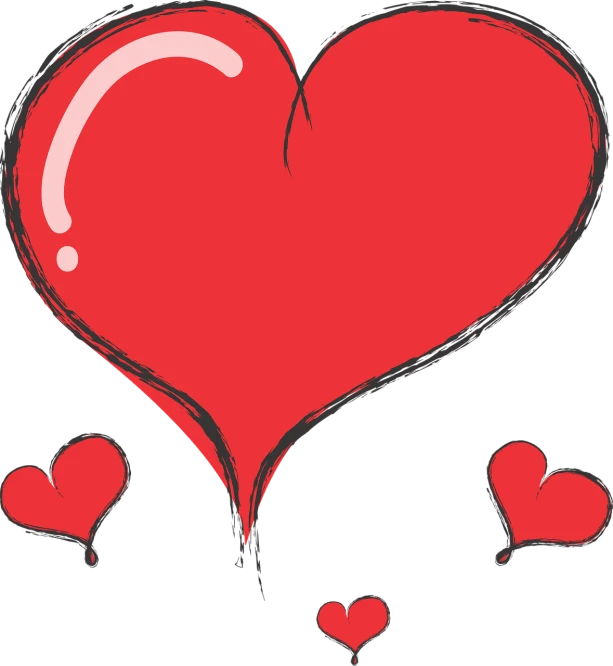 a large red heart surrounded by smaller red hearts, hurufiyya, black main color, loosely drawn, high res, (heart)