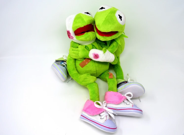 a couple of stuffed animals sitting next to each other, a picture, by Martina Krupičková, pexels, happening, kermit the frog, whole shoe is in picture, hugging each other, anatomy