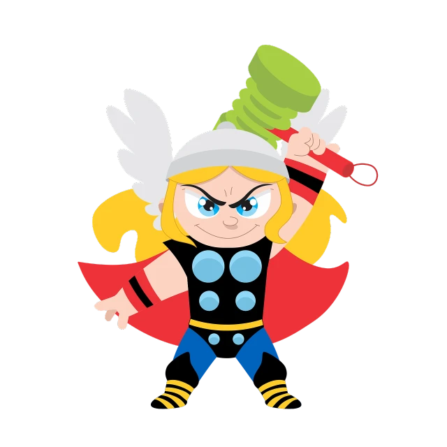 a cartoon image of a girl dressed as thor, inspired by Johannes Helgeson, cartoon style illustration, on a flat color black background, getting ready to fight, pixie character