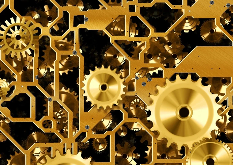 a bunch of gold gears on a black background, a digital rendering, deviantart, precisionism, closeup photo, created in adobe illustrator, panel, confusing