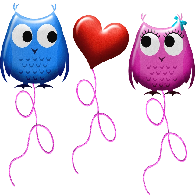 a couple of owls sitting next to each other, a digital rendering, inspired by Alison Kinnaird, deviantart, dada, party balloons, floggers, (heart), closeup!!!!!!