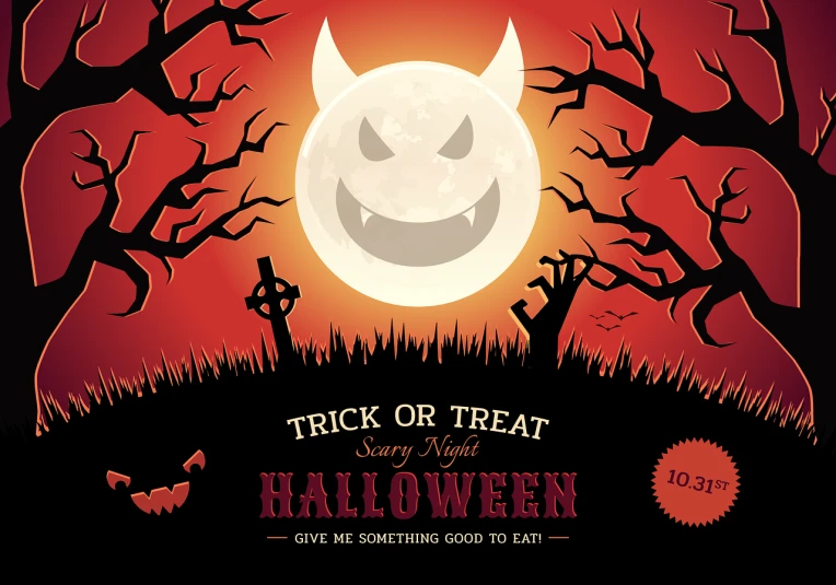 a halloween poster with a full moon in the background, a poster, by Terese Nielsen, shutterstock, invitation card, horns and red eyes, flat illustration, with text