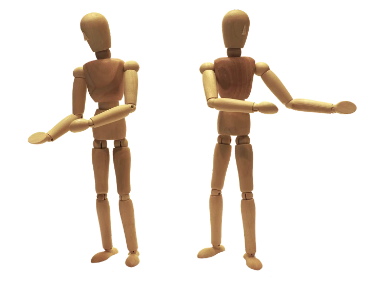 a couple of wooden mannequins standing next to each other, a raytraced image, by Susan Heidi, practising sword stances, his back is turned, humanoid servo, beginner