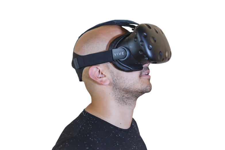 a man wearing a virtual reality headset, a raytraced image, hyperrealism, official product photo, vertically flat head, foam, high detail product photo