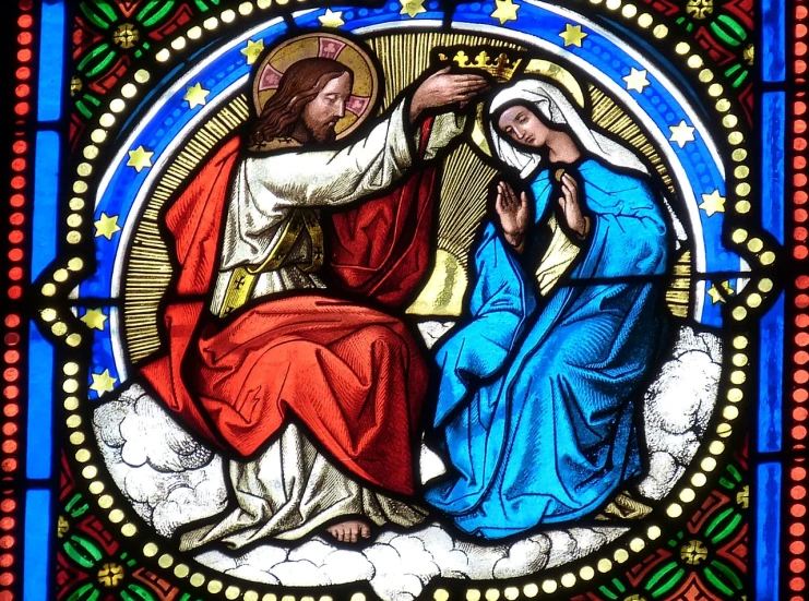 a stained glass window with a picture of jesus and mary, pexels, art nouveau, crown!!!!!!, avatar image, blue tiara, 1 8 4 0 s