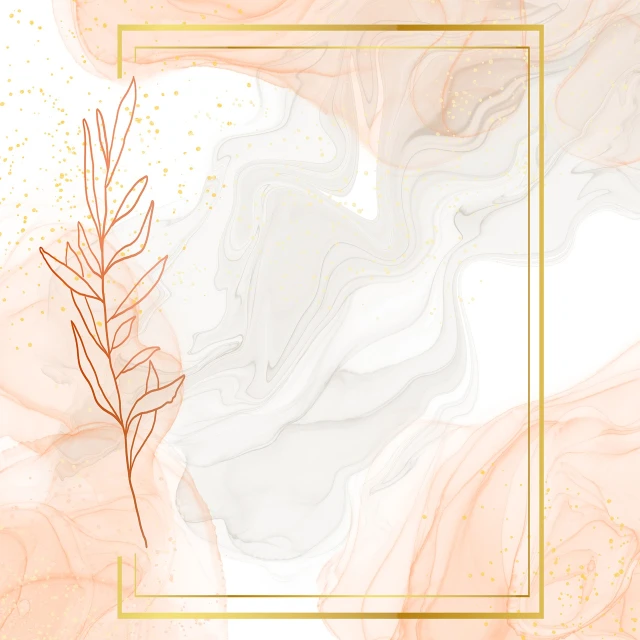 a marble background with a gold frame and a plant, a minimalist painting, baroque, flowing salmon-colored silk, transparent backround, ethereal opalescent mist, minimalist line art