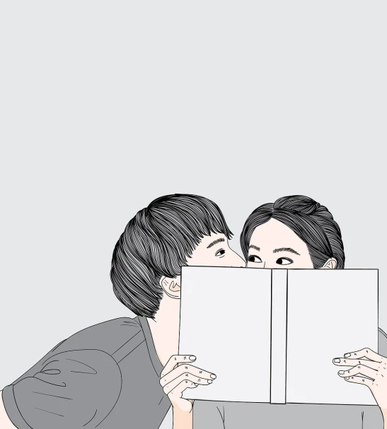 a man and a woman are reading a book, a picture, tumblr, serial art, she is korean, on a gray background, making eye contact, without text