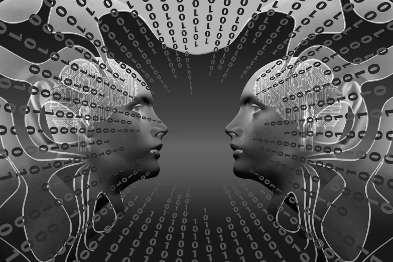 a black and white photo of two people facing each other, digital art, digital art, cybernetic head, quantum computing, wikipedia, artificial intelligence princess