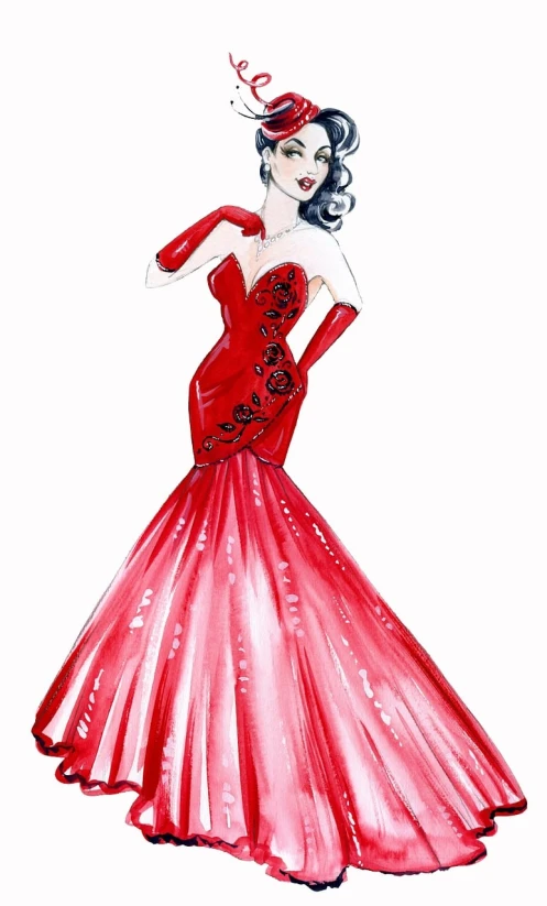 a drawing of a woman in a red dress, a sketch, inspired by Manolo Millares, tumblr, costume desig, latex dress, in the glamour style, betty boop