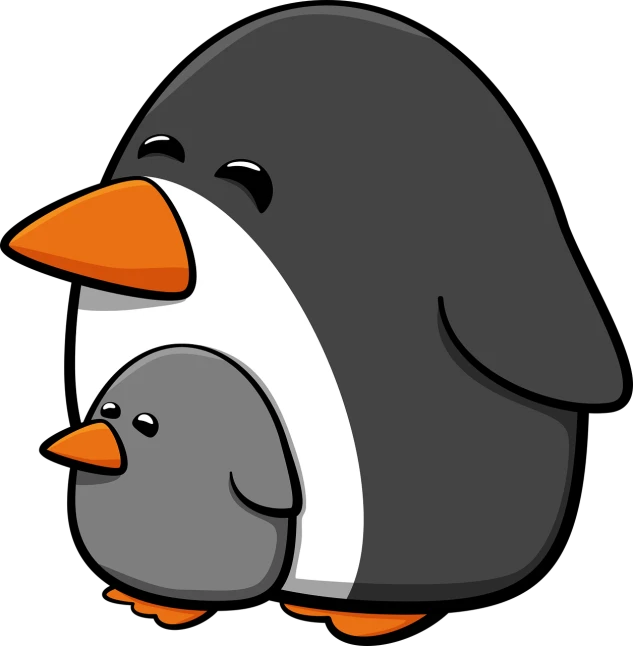 a couple of penguins standing next to each other, a digital rendering, mingei, on a flat color black background, father with child, painfully adorable, clipart