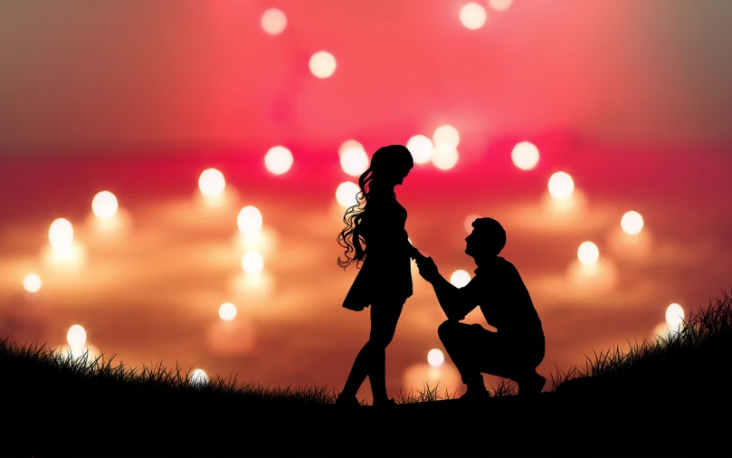 a man kneeling next to a woman holding hands, a picture, shutterstock, romanticism, dazzling lights, 2d, girl in love, bokeh effect