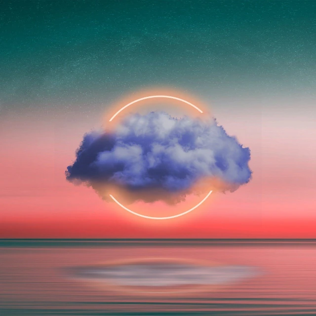 a cloud floating on top of a body of water, inspired by Beeple, surrealism, vaporwave lighting style, orange halo, symmetrical shape, serene post-nuclear background