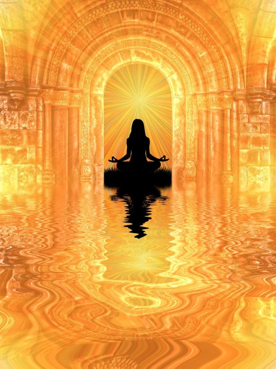 a woman sitting in the middle of a body of water, shutterstock, metaphysical painting, gold gates of heaven!!!!!!!!, beautiful glowing backlit, relaxed. gold background, fractal human silhouette