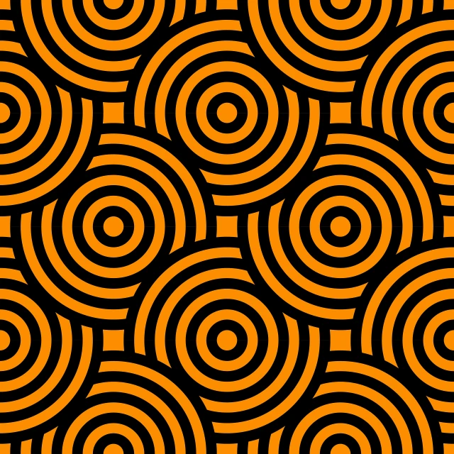 a pattern of orange and black circles on a black background, op art, japanese, ammonites, tileable, rounded lines