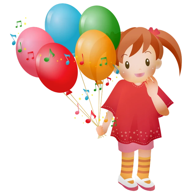 a little girl holding a bunch of balloons, an illustration of, by Hiroshi Honda, shutterstock, figuration libre, plays music, on black background, cartoon style illustration, 2 d cg