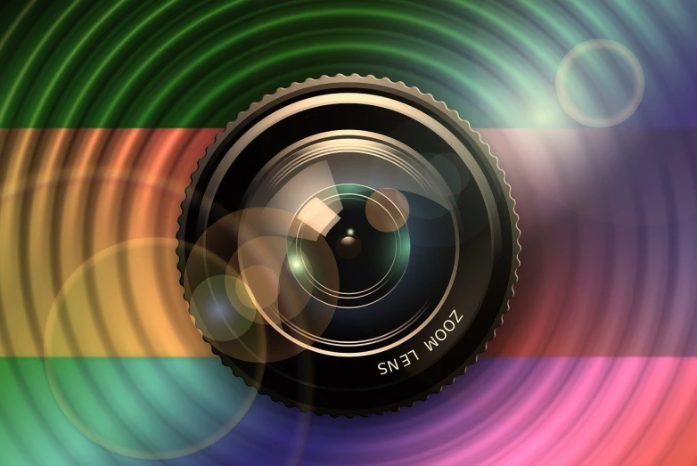 a close up of a camera lens with a rainbow background, a picture, by Zahari Zograf, art photography, sharp focus vector centered, kodak photo, swirly bokeh, hd - photo