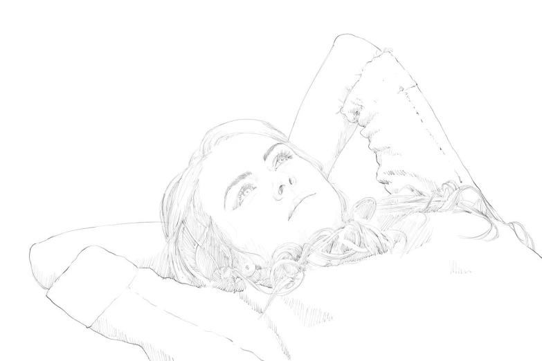 a drawing of a woman laying on a bed, lineart, trending on pixabay, digital art, portrait of annasophia robb, sketched 4k, ambient occlusion:3, relaxing