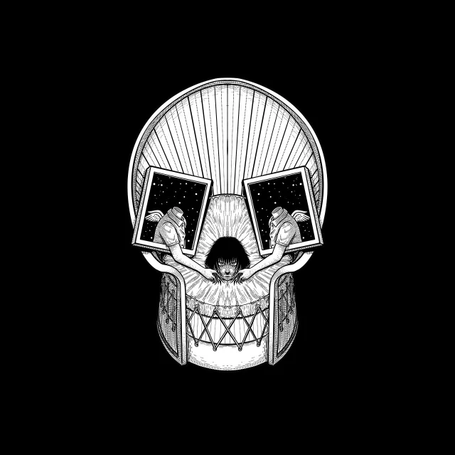 a black and white drawing of a human skull, inspired by Petros Afshar, sots art, amoled wallpaper, death star, skeleton drummer, opening third eye