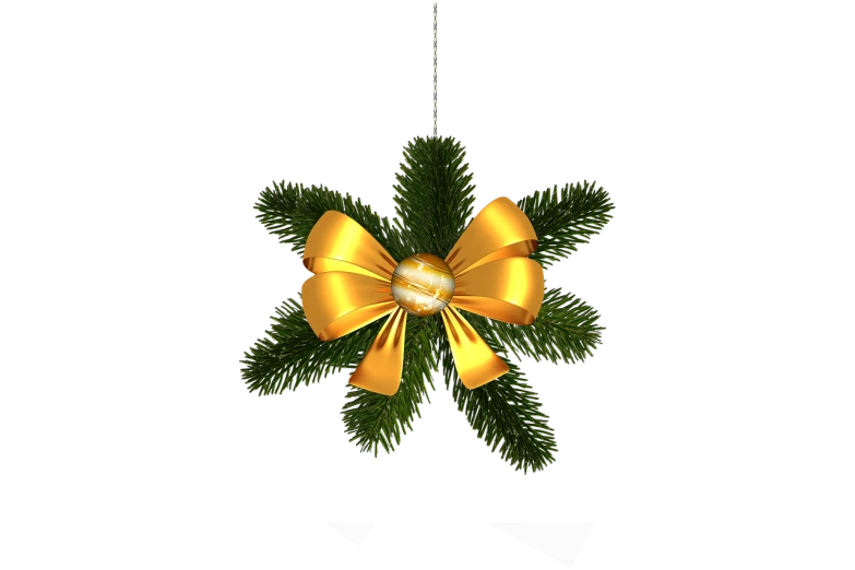 a gold bow hanging from a christmas tree, a screenshot, inspired by Ernest William Christmas, hurufiyya, decorative flowers, rendering, the background is black, beam
