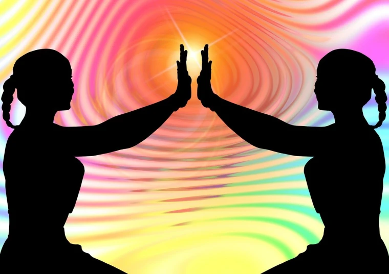 two women giving each other a high five, abstract illusionism, vivid psychedelic colors, digital image, siluette, center view
