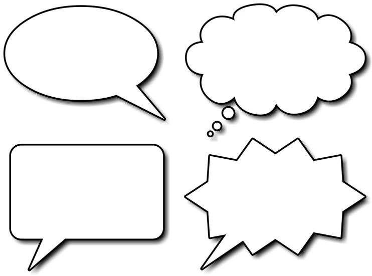 a set of white speech bubbles on a black background, vector art, by Tom Carapic, digital art, screen cap, four, (pen), case