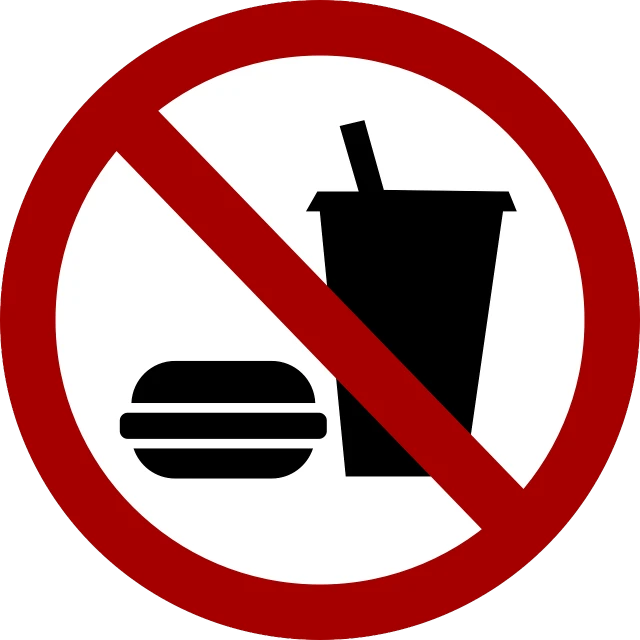 a no eating sign with a hamburger and a drink, by Jan Zrzavý, pixabay, unilalianism, on black background, round, no horses, no - text no - logo