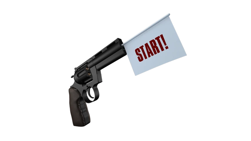 a gun holding a sign that says start, a screenshot, inspired by Walther Jervolino, conceptual art, realistic!!!, very accurate photo, (((lumnious))), the beginning of the end