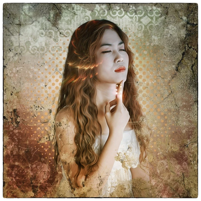 a woman with long hair wearing a white dress, a digital rendering, inspired by Hans Makart, art nouveau, young asian woman, texturized, praying, maiden with copper hair