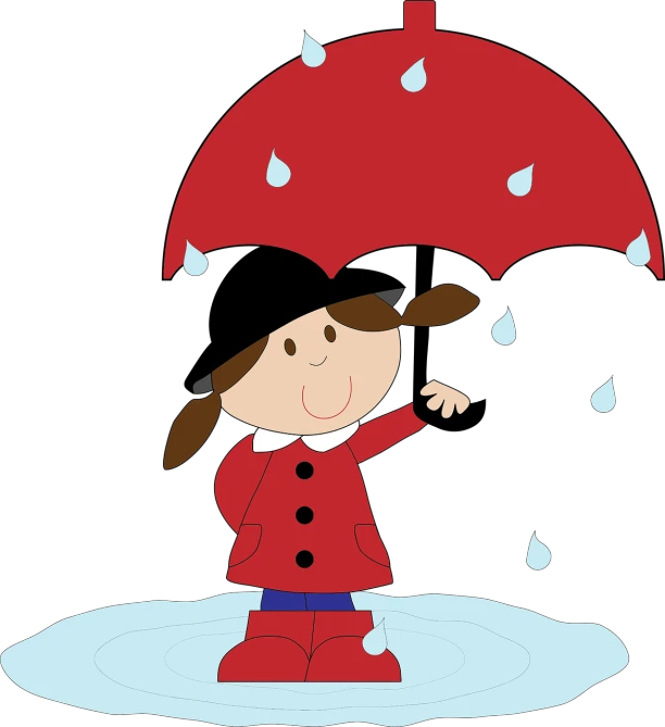 a little girl holding an umbrella in the rain, a cartoon, black and red only, maintenance photo