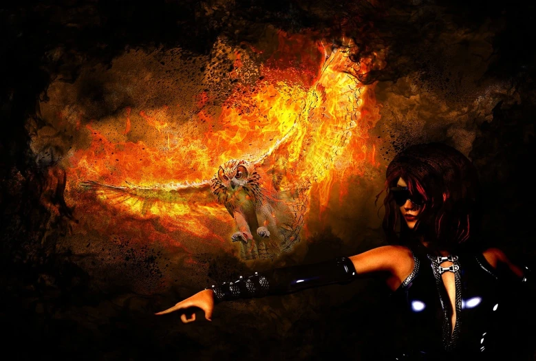 a digital painting of a woman holding a sword, an airbrush painting, inspired by Luis Royo, fantasy art, fire flaming serpent, with hellish devil wings, tiger of fire flying, [explosions and fire]