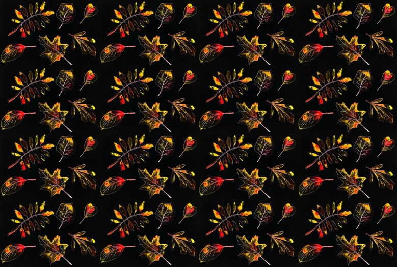 a pattern of yellow and red flowers on a black background, inspired by Lubin Baugin, shutterstock, sunset with falling leaves, fig leaves, drawn with photoshop, background of poison apples