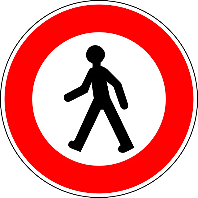 a red and white sign with a man walking across it, a picture, pixabay, les automatistes, circular, without helmet, konstantin porubov, adult man