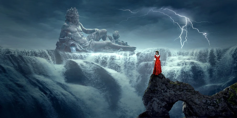 a woman in a red dress standing on top of a mountain, fantasy art, queen of ice and storm, water manipulation photoshop, contemplating, the goddess hera looking angry
