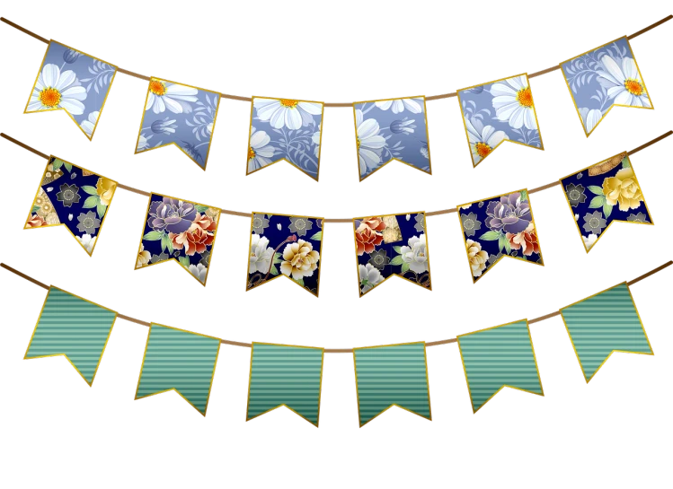 a bunch of flags hanging from a string, a digital rendering, sōsaku hanga, flowers. baroque elements, colors with gold and dark blue, birthday, summer color pattern