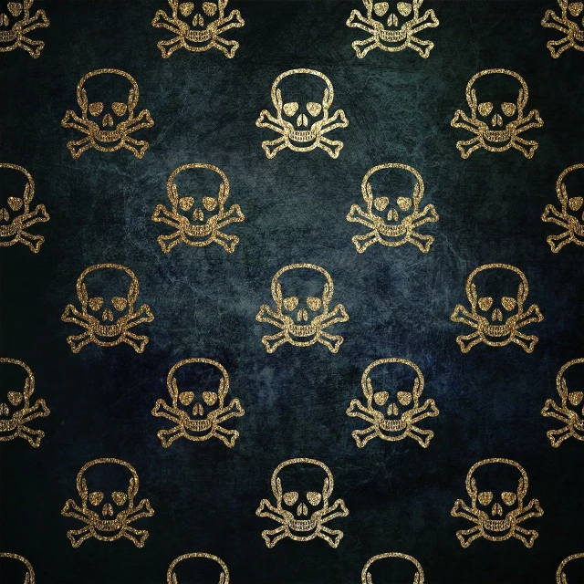a pattern of skulls and bones on a blue background, shutterstock, baroque, dirty old golden metal, wallpaper on the walls, pirates flag, background image